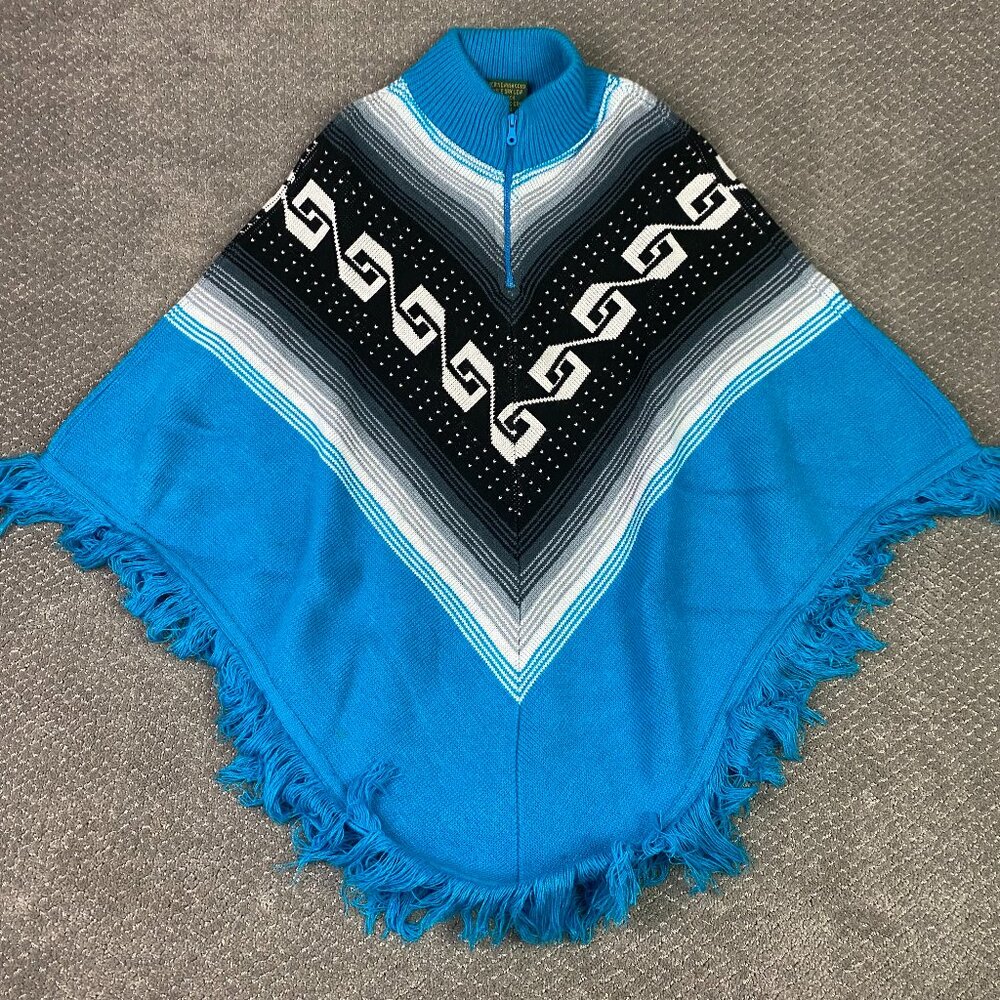 Ruminahui Poncho Women's One Size Teal Blue Wool Aztec Ecuador Southwestern